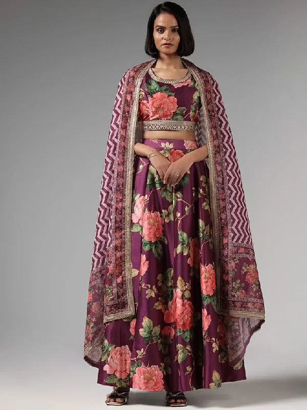 Vark Purple Floral Printed Choli, Skirt & Dupatta Set linen skirt natural