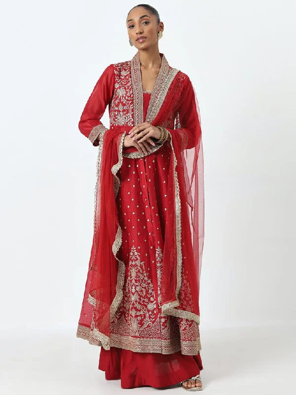 Vark Red Embroidered Kurta, Skirt and Dupatta Set chiffon skirt flowing