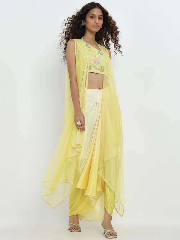 Vark Yellow Floral Embellished Blouse, Skirt and Shrug Set silk skirt elegant