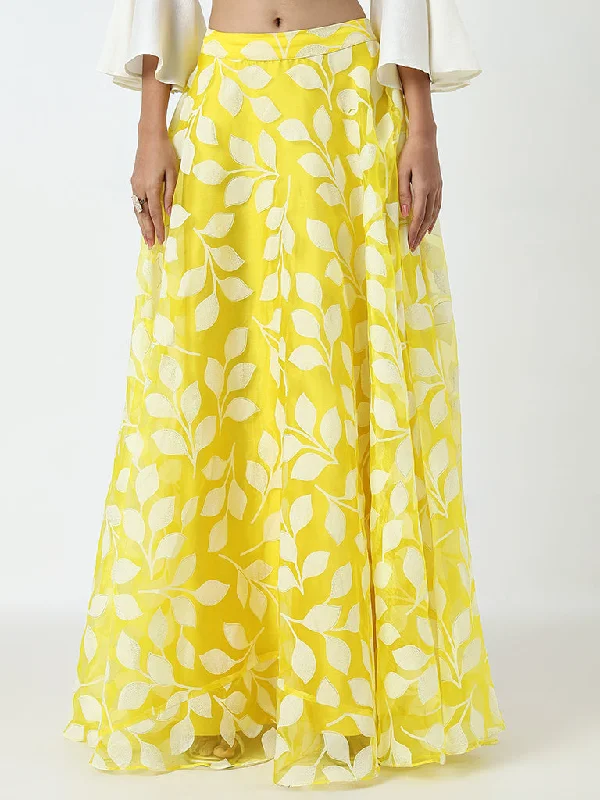 Vark Yellow Leaf Design Flared Skirt linen skirt natural