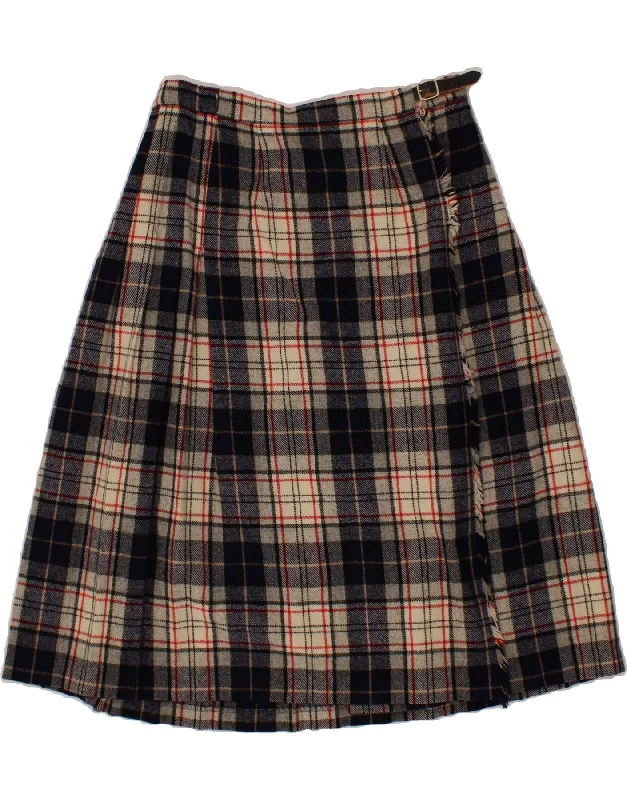 VINTAGE Womens Wrap Skirt W26 Small  Navy Blue Plaid Wool linen skirt light