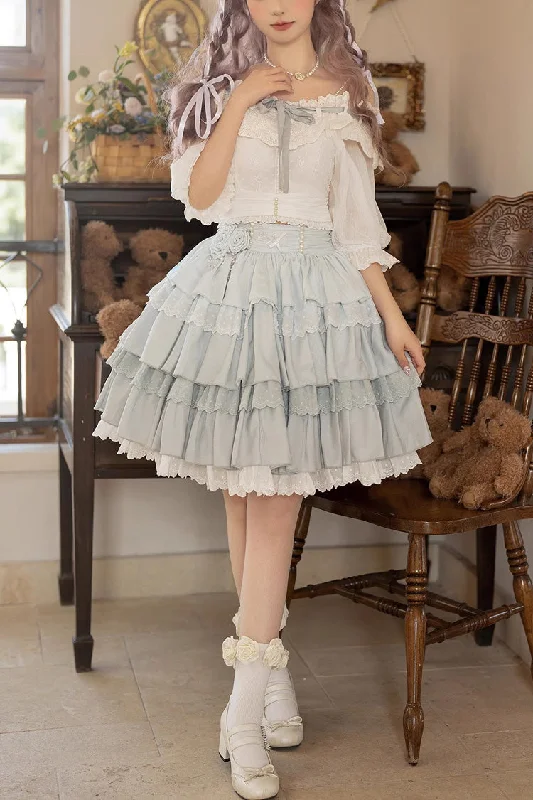 White/Blue Flower Language Multi-layer Ruffle Sweet Lolita Skirt Set lightweight skirt design