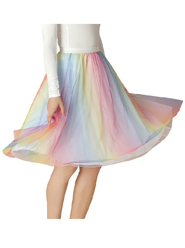 Women Mesh A-line Tulle Skirt Fairy Pleated Colorful Gradient Midi Skirt spandex blend skirt