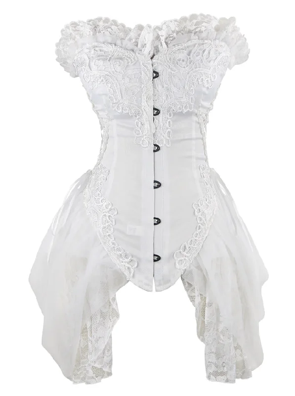 Strapless Floral Embroidery Mesh Princess Vintage Bustier Corset with Lace Skirt White lace skirt romantic